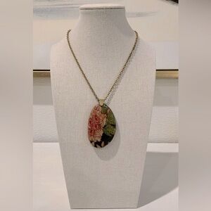 Gold Necklace with pink flower and green leaves pendant-brown with gold glitter